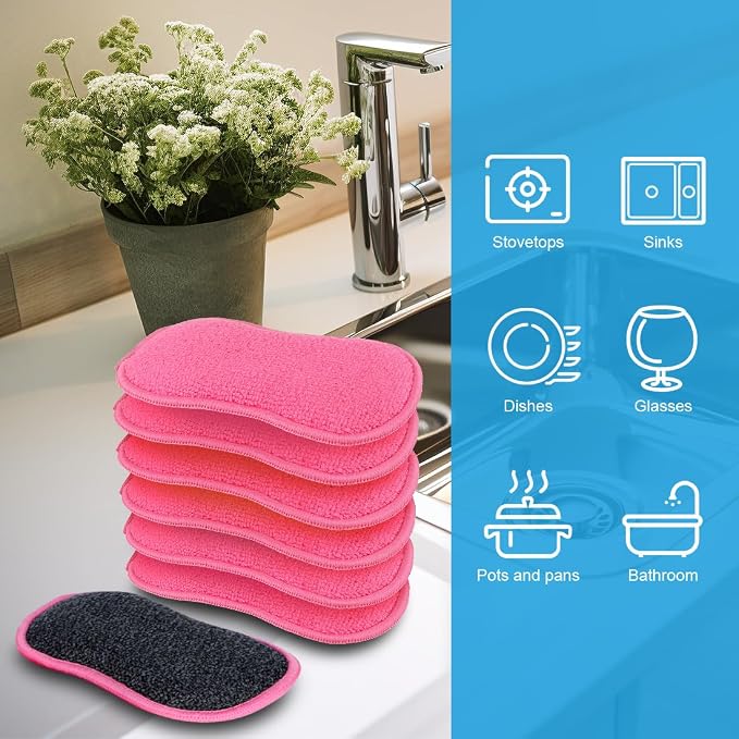 HOMEXCEL 12 Pack Multi-Purpose Scrub Sponges Kitchen Dish Sponge Non-Scratch Microfiber Sponge for Efficiently Cleaning Dishes Pots Pans, Pink