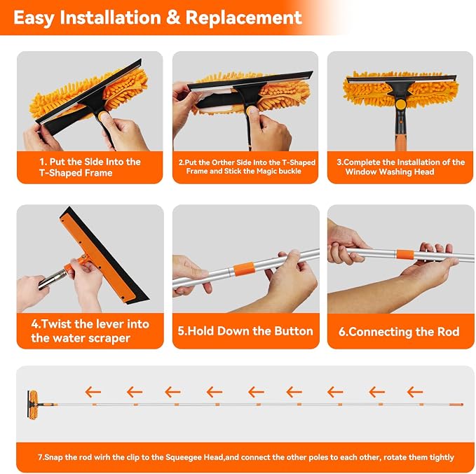 Window Cleaning Tools Window Squeegee: 2 in 1 Double-Sided Professional Cleaner Window Washing Kit with Extension Pole 20+ Ft Duster for High Ceilings Microfiber Scrubber for Indoor Outdoor High Glass