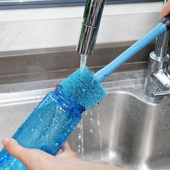 MOSOLAN 2-in-1 Water Bottle Brush and Straw Cleaner Brush, Long Handle Scrub Brush with Replaceable Head for Water Bottles, Glasswares, Mugs, Flasks, Tumblers and Kitchen Sink, Smokey Blue, 1 Pack