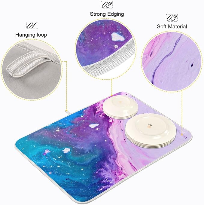 Super Absorbent Dish Drying Mat, Microfiber Fast-Drying Dish Mat, 24" x 18", Kitchen Dish Drying Pad, Abstract Purple Blue Marble