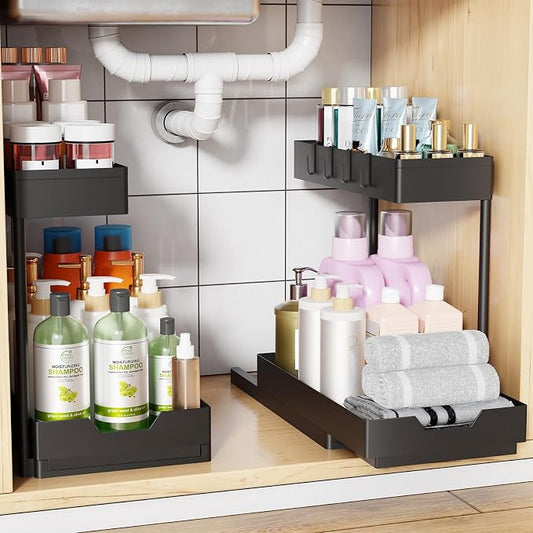 Simple Trending Under Sink Organizer 2 Pack, 2 Tier Cabinet Organizer with Sliding Basket, Multi-Purpose Sink Storage Basket with 4 Hooks for Kitchen Bathroom, Black
