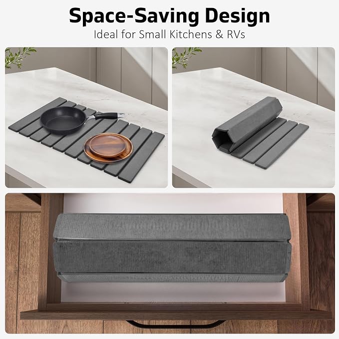 Large Stone Dish Drying Mat for Kitchen Counter – 24"(L)×16 "(W) Foldable Super Absorbent Diatomaceous Earth Dish Drying Mat, Kitchen Counter Mats for Plate Rack, Cups, Match Any Countertop - Gray