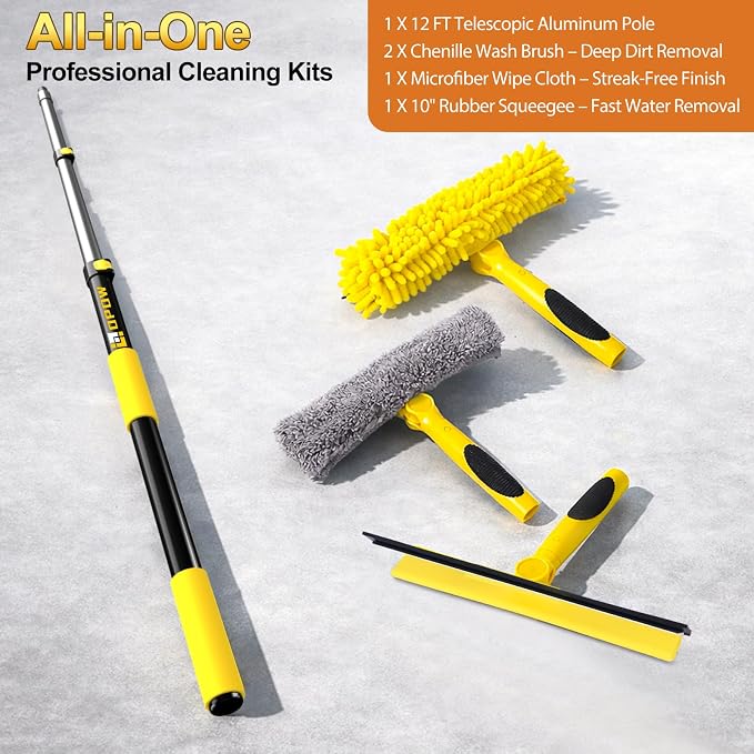 20 Feet High Reach Squeegee Window Cleaner Kit with 5-12Ft Extension Pole | 2 in 1 Window Cleaning Tool w/ 3-Stage Telescopic Pole &Rotatable Head,Window Washing Equipment for Solar Panel,RV,Car Glass