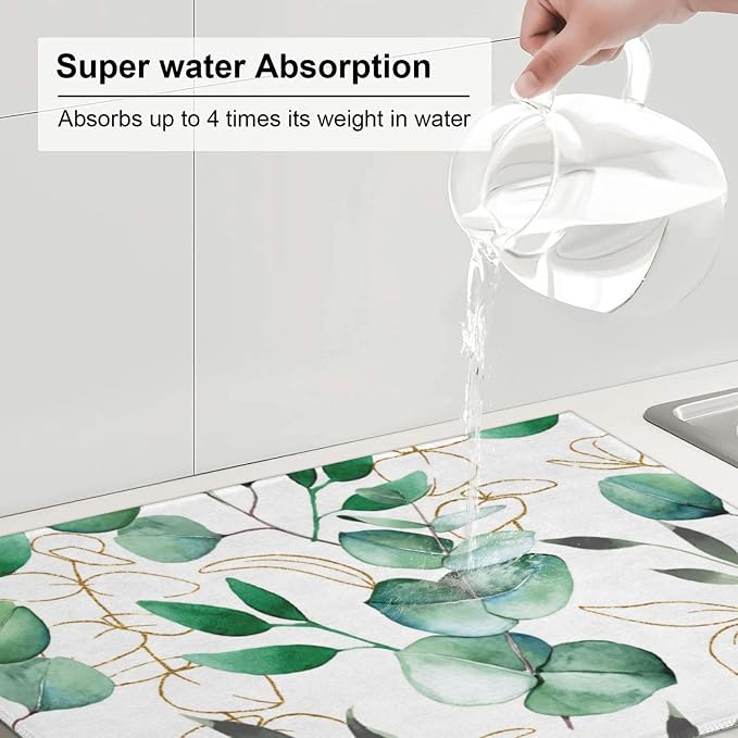 Green Leaves Dish Drying Mat For Kitchen Counter, Super Absorbent Microfiber Dish Drying Pad, Kitchen Gadgets For Easy Clean Multi-Use Large 18"x24"