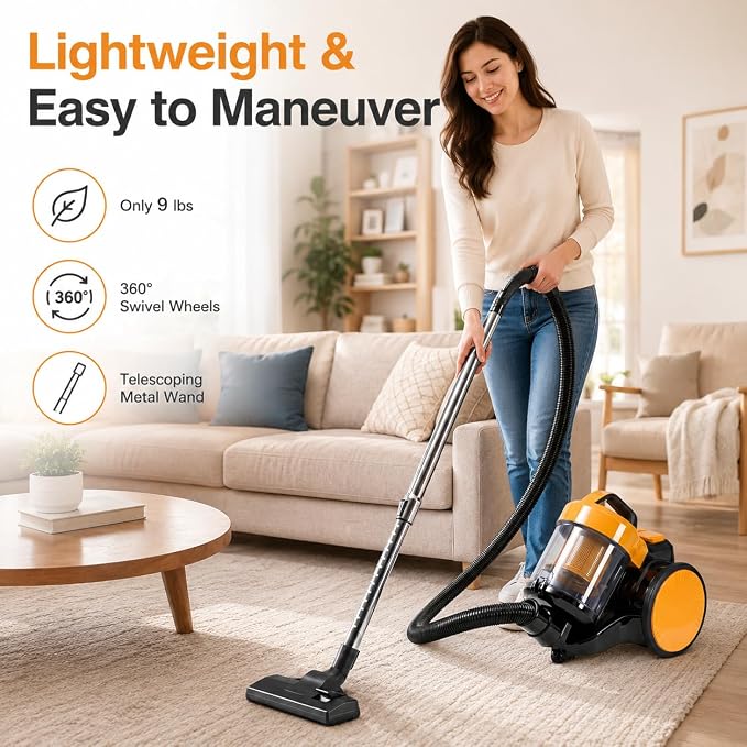 Simple Deluxe Household Portable 16.4Ft Vacuum Cleaner, 16Kpa Bagless Canister Cleaner, Lightweight Powerful Vacuum for Carpets and Hard Floors, with Washable HEPA Filter, Yellow