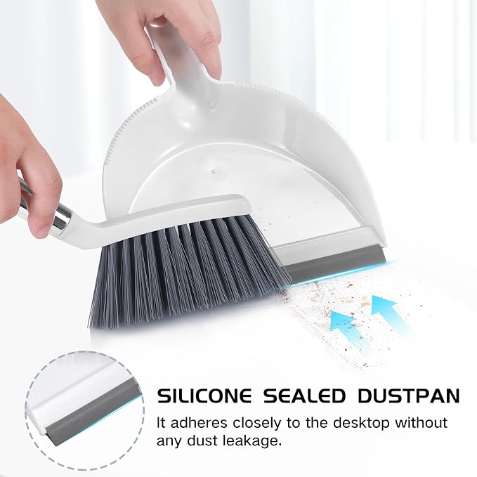 NACENA Mini Broom and Dustpan Set, Small Dust Pan and Brush Set, White&Gray | Dust Pan and Brush Set with Handle Dustpan Teeth for Cleaning Hair Suitable for Office Desks Drawers Sofas Outdoor Camping