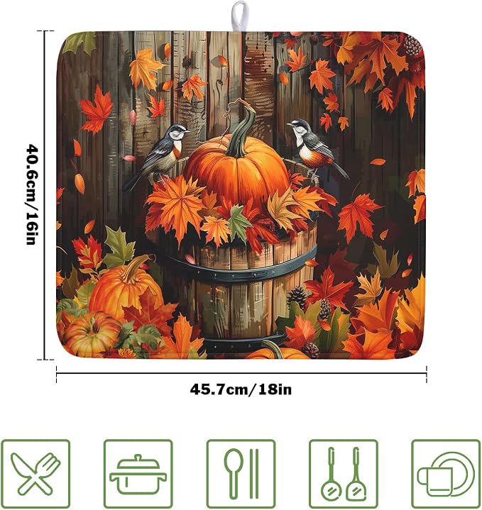 Fall Pumpkin Dish Drying Mat for Kitchen Counter Autumn Pumpkin Dish Mats for Drying 16x18 Inch Kitchen Decor Reversible Absorbent Microfiber Fall Thanksgiving Dishes Pad for Coffee Bar Accessories