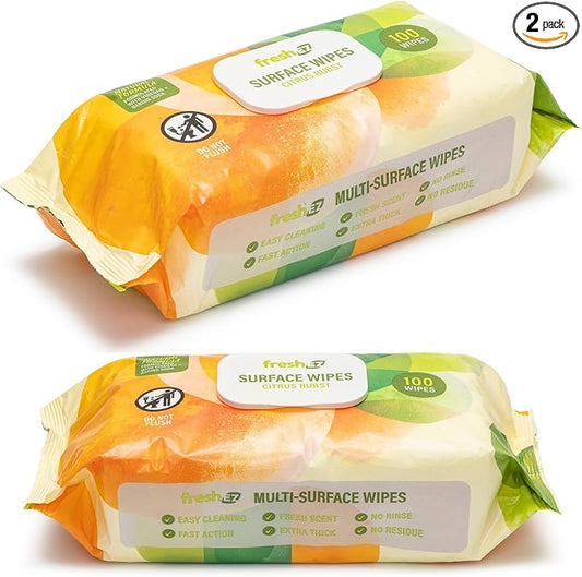 Multi-Surface Cleaning Wipes, 2 Packs x 100 Wipes, Thick No-Rinse No-Residue Surface Wipes for Kitchen, Bathroom, Glass, Stainless Steel, Granite, Wood & Plastic (Citrus Burst)