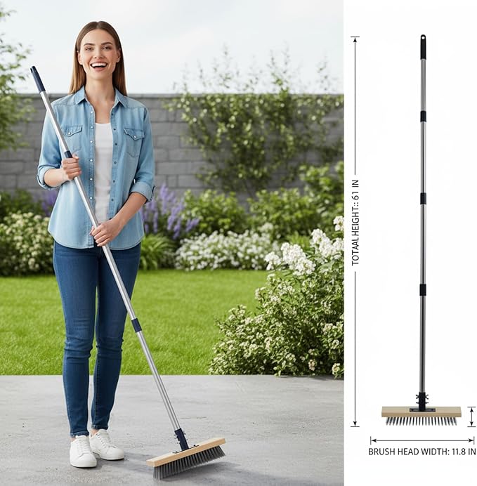 Wire Broom, Stainless Steel Scrub Brush with 59in Handle | Heavy duty wire brush removes weeds and moss from patios, decks, concrete, gardens, and garages. (59in)
