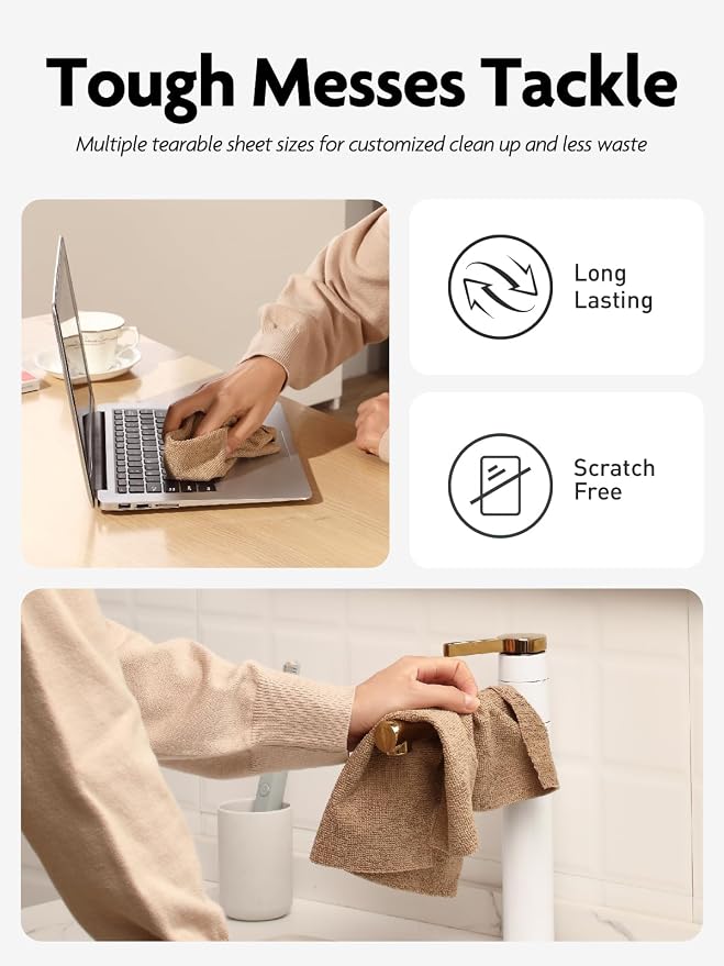 Fantasticlean Microfiber Cleaning Cloth Roll- 60 Sheets,12"x12"(Tan, Beige) | Super Absorbent, Lint-free, Tear-away Microfiber Towel Roll, for All-Purpose Cleaning, Reusable Alternative to Paper Towels