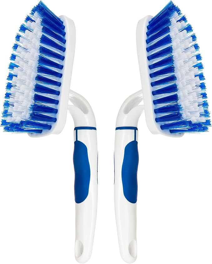 2-Pack Scrub Brush for Cleaning with Long Handle, White&Blue | Medium Firm Bathroom Cleaning Supplies, Bathtub and Shower Cleaner Brush, Multi-Scene Use for Kitchen or Carpet Cleaning