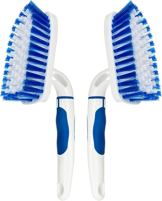 2-Pack Scrub Brush for Cleaning with Long Handle, White&Blue | Medium Firm Bathroom Cleaning Supplies, Bathtub and Shower Cleaner Brush, Multi-Scene Use for Kitchen or Carpet Cleaning