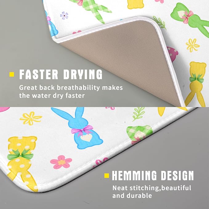 Easter Dish Drying Mat for Kitchen Counter Cute Bunny Floral Holiday Microfiber Absorbent Dish Draining Reusable Washable Foldable 16"x18"
