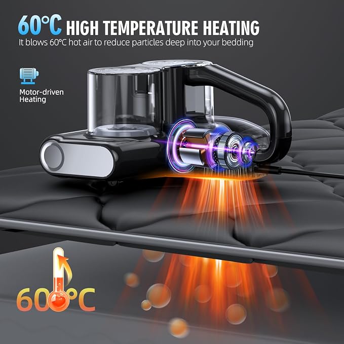 Mattress Vacuum Bed Vacuum Cleaner 16Kpa Suction 253.7nm UV-C Light, 140°F Heated Air, 30000 RPM Brushroll, Ultrasonic, HEPA Filter, Handheld Vacuums for Carpet/Sofa, 500W Corded, (Pitch-Black)