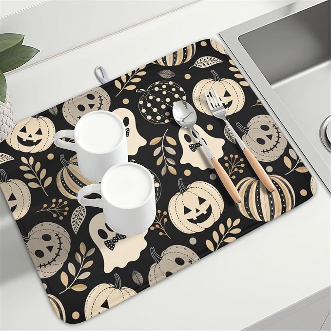 Halloween Dish Drying Mat for Kitchen Counter 18 x 24 Inch Pumpkin Ghost Dish Drainer Mat Absorbent Microfiber Autumn Leaves Dish Rack Pad for Coffee Dining Bar Decor