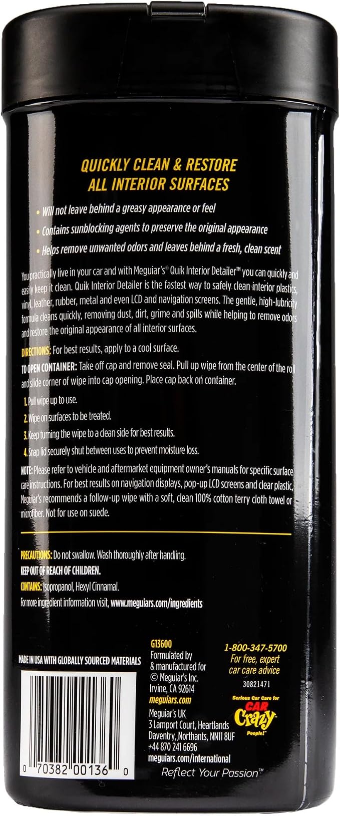 Meguiar's Quik Interior Detailer Wipes G13600, 6 Pack of 30 Count, 180 Total, Dashboard and Trim Cleaner for Leather, Vinyl, Rubber, Metal, LCD, Navigation Screens, Non-Greasy Touchups