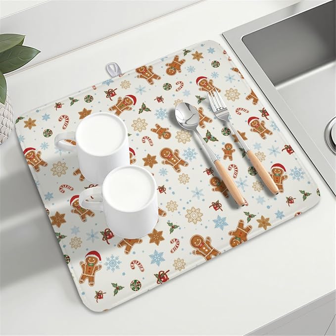 Christmas Gingerbread Man Dish Drying Mat 16x18 Inch Xmas Snowflake | Winter，Polyester，Absorbent Microfiber，for Kitchen Coffee Dining Bar Decor