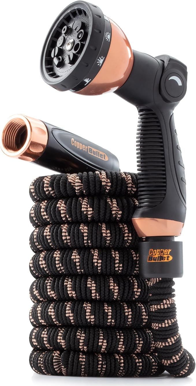Pocket Hose 25 FT Copper Bullet Expandable Garden Hose, As Seen on TV | 10 pattern thumb spray nozzle, anti-burst upto 650 psi, 3/4 in, lead-free, solid copper, anodized aluminum, ultra-lightweight