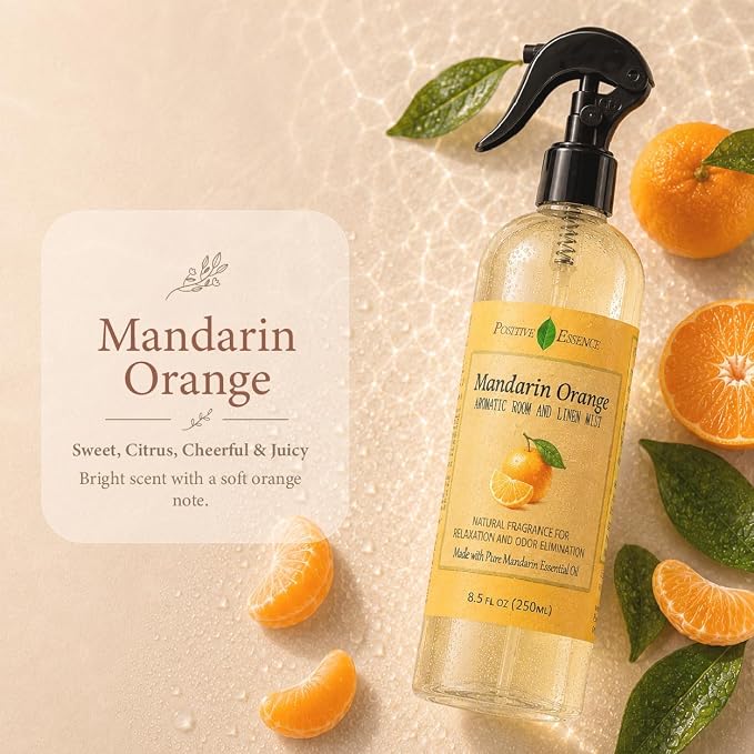 Mandarin Orange Linen and Room Spray, Natural Air Freshener Made with Pure Mandarin Essential Oil, Bathroom Air Refreshener, Pillow Spray, or Bathroom Odor Eliminator (8.5 fl oz)