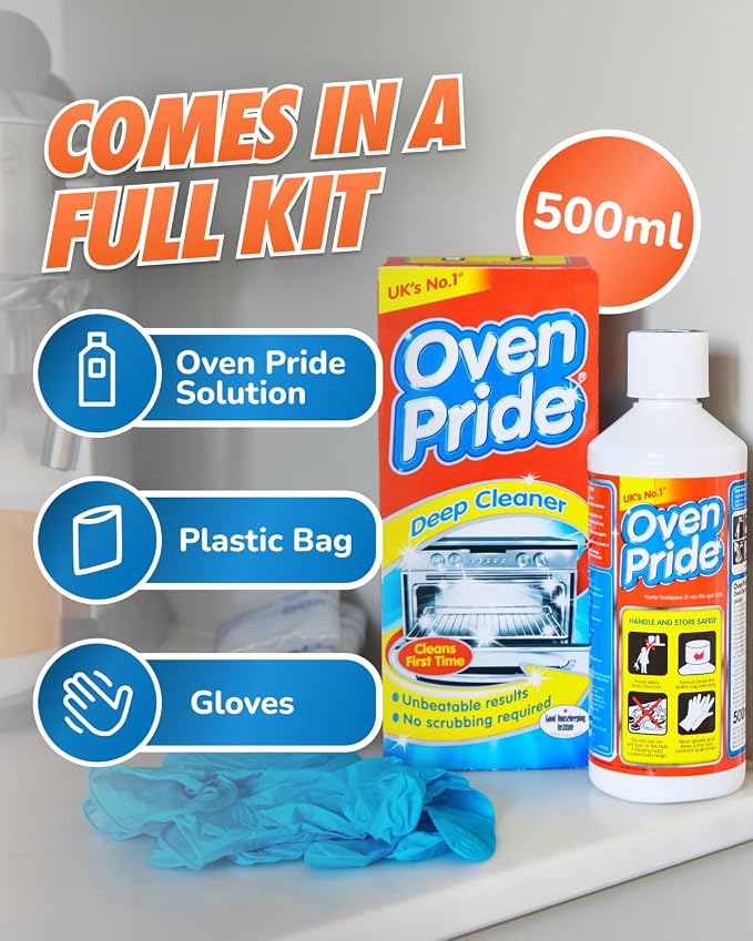 Oven Pride Oven Cleaner - 500ml Complete Oven Cleaning Kit with Safety Gloves & Cleaning Bag - Cleans First Time - Oven Cleaner Heavy Duty - Degreases Oven Without Scrubbing