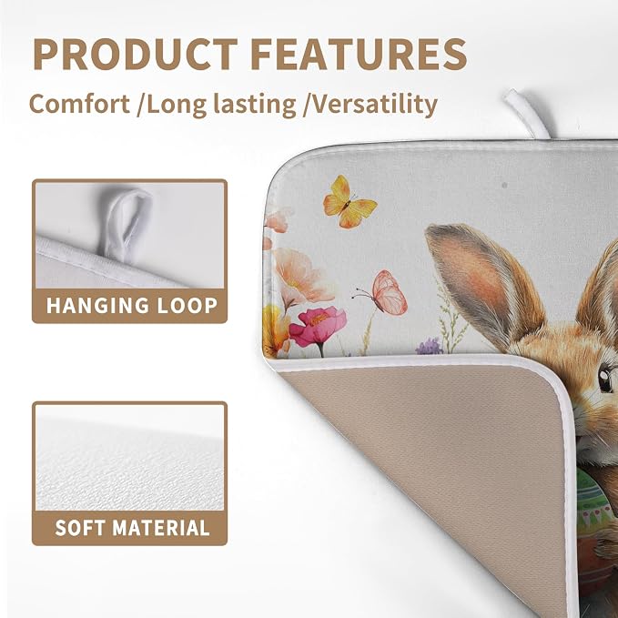 Spring Easter Dish Drying Mat for Kitchen Counter Easter Bunny Rabbit Eggs Flowers Dishes Drainer Mats 16x18 Microfiber Absorbent Medium Dish Drying Pad for Kitchen Countertop Tableware Decor