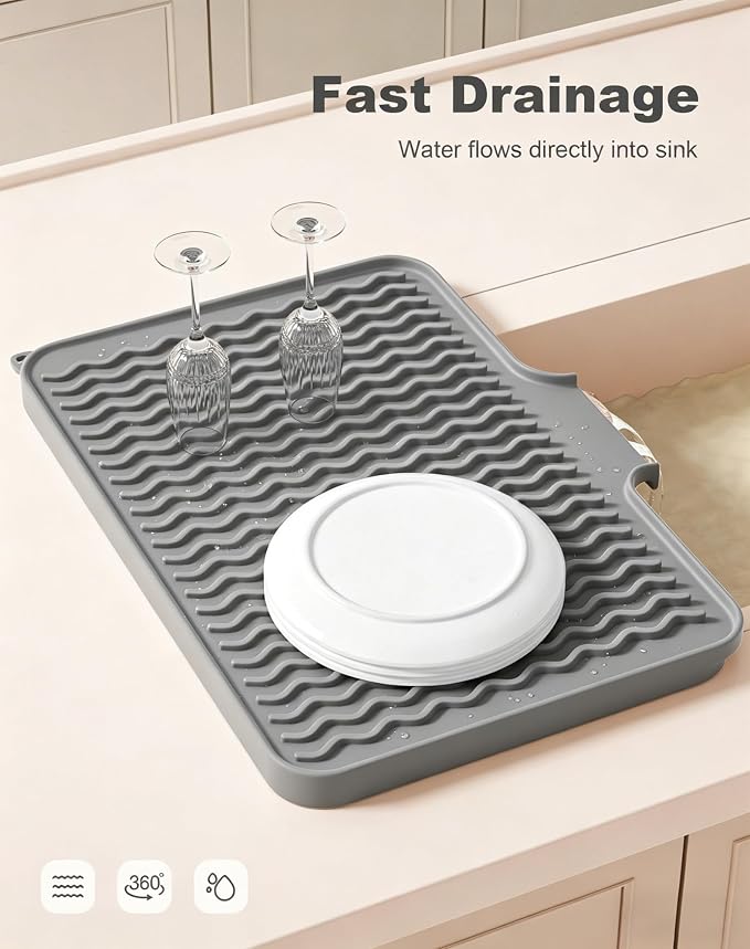 Rnivvi Silicone Dish Drying Mat for Kitchen Counter, 16 x 12" Fast Drainage Dish Rack Pad Drying Mats, Non-Slip Countertop Protector Heat Resistant Trivet, Easy to Clean Sink Drip Pad for Dishes, Gray