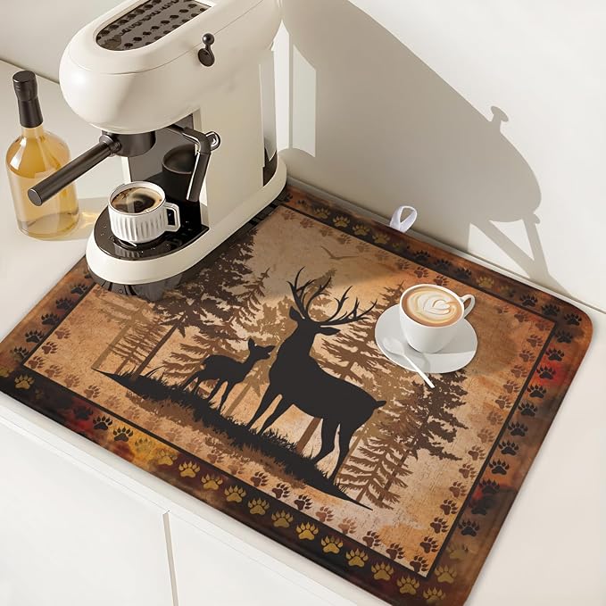 Giwawa Forest Deer Dish Drying Mat Wildlife Animal Dishes Pad 18"x24" Microfiber Absorbent Fast Dry Drainer Rack Mats for Kitchen Countertop Decor