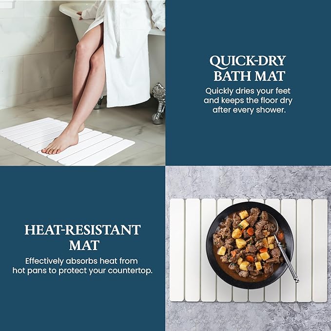 Stone Drying Mat for Kitchen Counter 24"×16"with Water Absorbent Diatomite Coasters 8" x 4", Foldable Quick Dry Mats for kitchen Dishes, Non Slip Quick Drying Diatomaceous Earth For Any Countertop