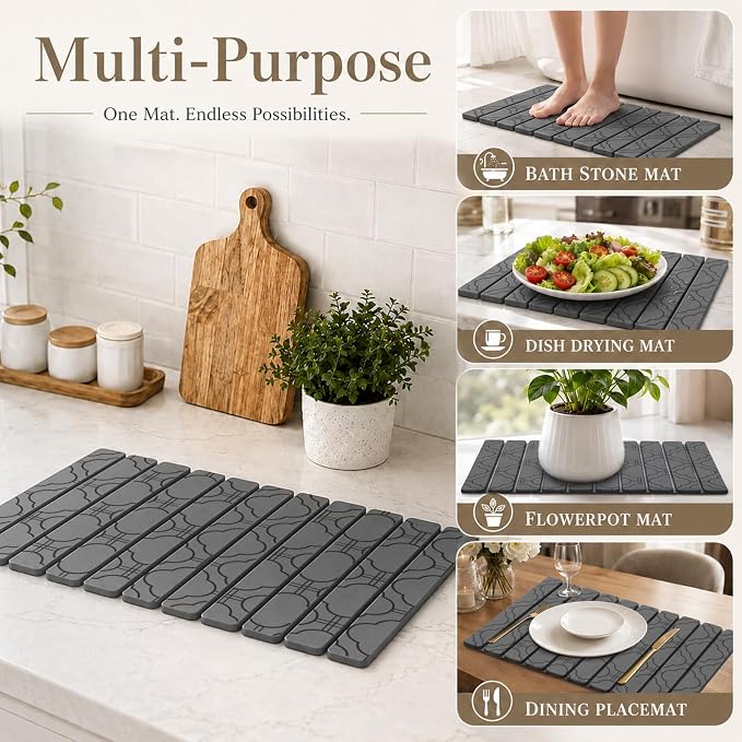 Large Stone Dish Drying Mat for Kitchen Counter, 2PCS Quick Dry Stone Dishes Mat, Foldable Water Absorbing Diatomaceous Drying Organizer Pad for Plates Rack Bottles Utensils(Clover, 24"×16" & 8"x4")