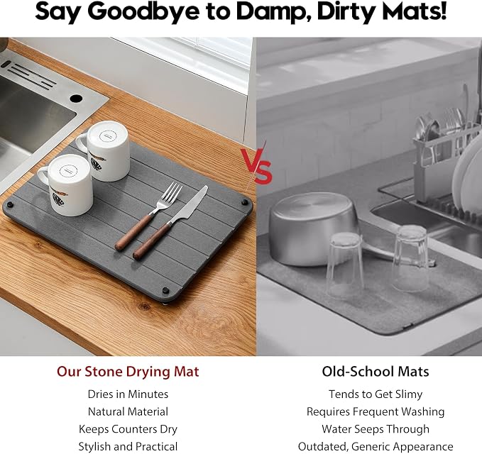 Razborci Stone Dish Drying Mat for Kitchen Counter, Water Absorbing Bathroom Tray Sink Organizer, Diatomaceous Earth Countertop Dish Rack Riser Sponge Holder Soap Dish, Dark Gray, 16" x 12"
