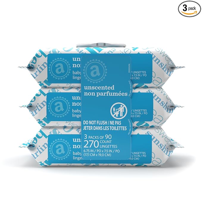 Amazon Elements Baby Wipes, Unscented, Hypoallergenic, Alcohol-Free, With Aloe and Vitamin E, 270 Count, Flip-Top Packs