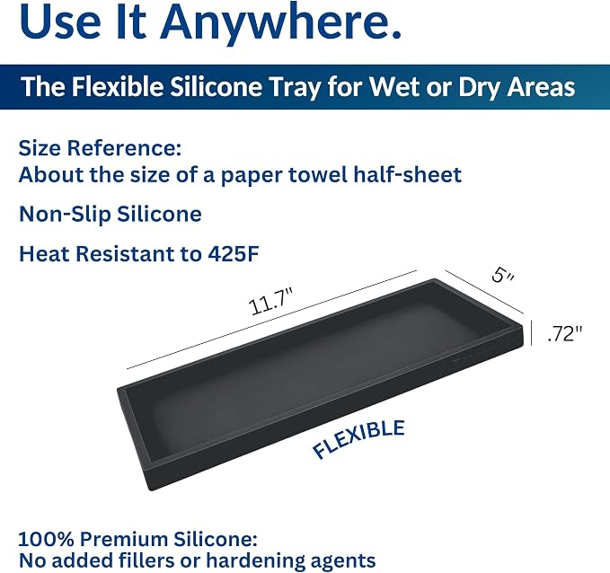 Spacewiser Countertop and Vanity Tray - 11.7" Silicone Bathroom Counter Tray, Dish Soap Trays for Kitchen Counter, Organizer Accessories Caddy, Toothbrush Toilet Laundry Shower Oil Makeup Mat, Black