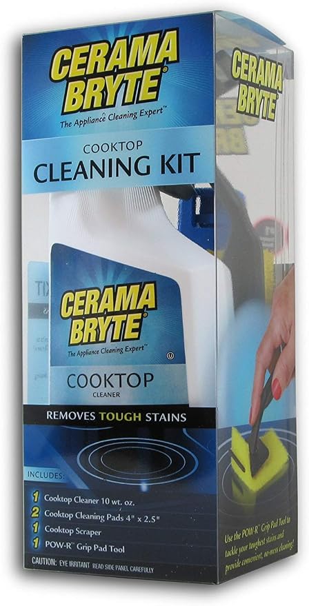 Cerama Bryte - Cooktop Cleaning Kit - Includes 10 oz. Bottle of Cerama Bryte Cooktop Cleaner, 2 Cleaning Pads, 1 POW-R Grip Pad Tool and 1 Scraper packed in Reusable Container, White (SYNCHKG114607)