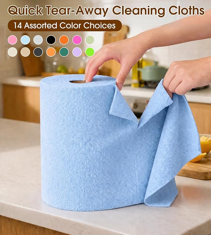 KitchLife Microfiber Cleaning Cloth Roll, 100 Pack - Tear-Away Microfiber Paper Towels, Lint-Free, Reusable, Washable for Kitchen, Car, Dishes, and Sensitive Surfaces (Blue)