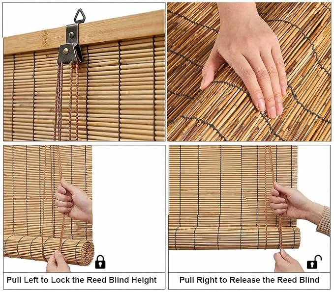 Bamboo Shades for Outdoor Patio, Natural Reed Roller Blinds for Indoor Windows, Retro Cordless Shades 20 22 27 30 36 48 72in Outside Privacy Bamboo Roll Up Shades(Natural White,56" W x 72" H)