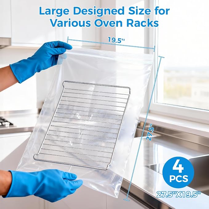 4 Pack Large Oven Grill Cleaning Bags（19.6''X27.5''）, Heavy Duty Oven Rack Cleaner Bags - No Messy Hands Reusable Soak-off Cleaning Kit for Grate & Grill Rack,No Cleaner Included