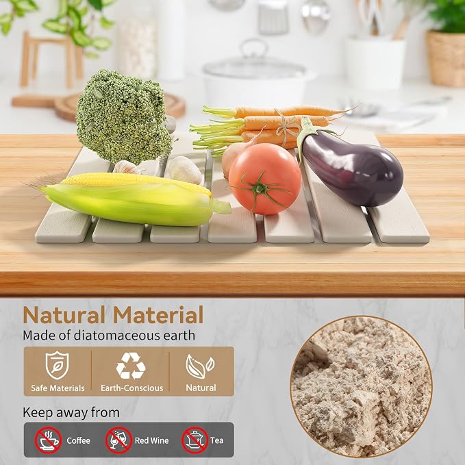 Stone Dish Drying Mat for Kitchen Counter,15.5''x11.8'' Foldable Quick Dry Stone Kitchen Mat,Eco-Friendly,Absorbent Diatomaceous Earth Mats for Dishes Bottles Cups Bathroom Any Countertop-White