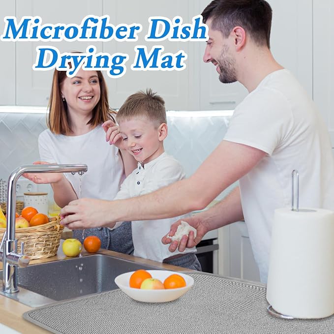 2 Pack Large Dish Drying Mat,24x17 Inch Absorbent Microfiber Dishes Drainer Mats,Dish Drying Pad for Countertops,Sinks,Draining Racks(Gray)
