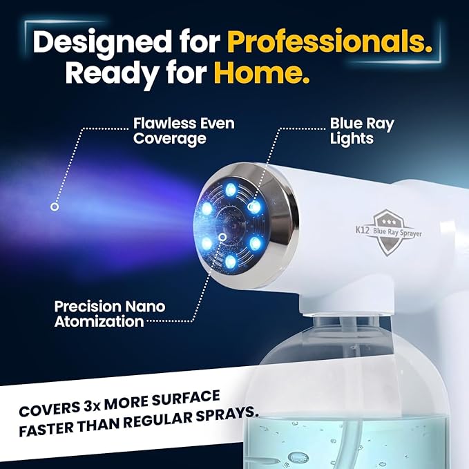 Professional Disinfectant Nano Spray Gun, Ultra Fine Atomizer Sprayer,White | Continuous Spray Bottle with Blue Light, Easy to Use Lightweight and Rechargeable Sanitizer Gun, Multipurpose Fogger Machine