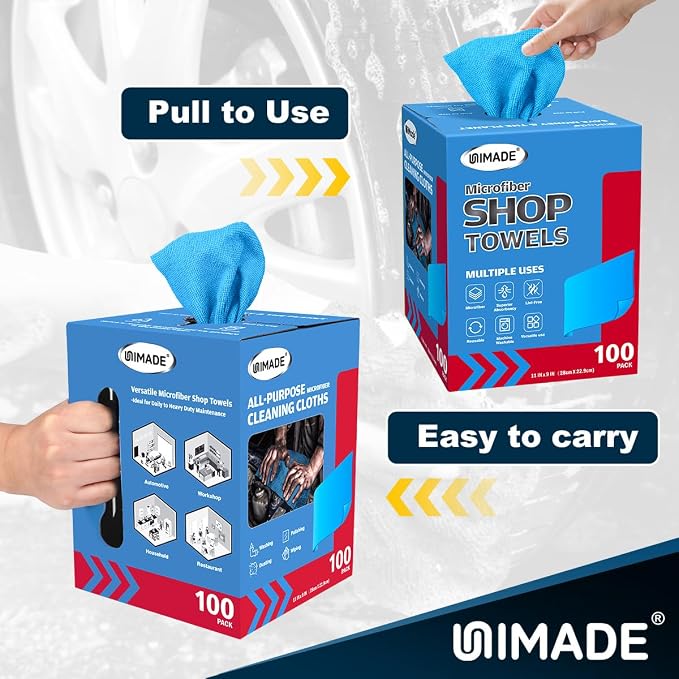 UNIMADE Shop Rags, 4 Boxes - 400 Sheets Microfiber Cleaning Cloth | Commercial Grade Washcloths Lint-Free Bulk Shops Towels for Cars Mechanic Restaurant Garage Housekeeping, 11"x 9", Blue