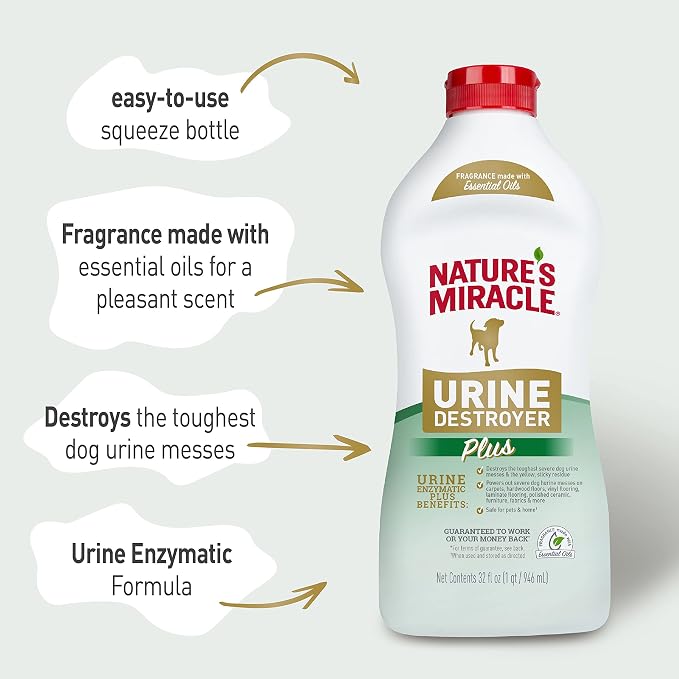Nature's Miracle Dog Urine Destroyer Plus, Enzymatic Cleaner, 32 oz | Destroys the Toughest Dog Urine Stains, For Use on Multiple Surfaces, Safe For Pets and Home*, Fresh Scent