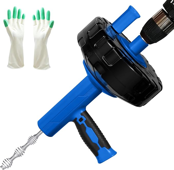 Drainsoon Auto Feed Drain Auger with Drill Adapter, 33 Feet Drain Snake Hair Clog Remover, Manual or Powered Plumbing Snake Drain Cleaner for Bathroom, Shower, Kitchen Sink, Comes with Gloves