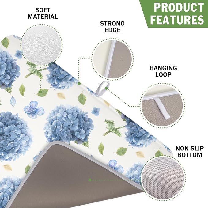 Spring Summer Blue Floral Dish Drying Mat 16x18 Inch | Hydrangea ，Polyester，Absorbent Microfiber，for Kitchen Coffee Dining Bar Decor
