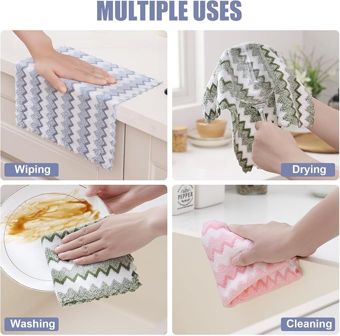 Homaxy 12 Pack Kitchen Dish Cloths, Ultra Soft and Absorbent Dish Towels, Reusable Fast Drying Microfiber Cleaning Cloth, Double Waves Coral Velvet No-lint, 10 x 10 inches, Blue/Green/Pink
