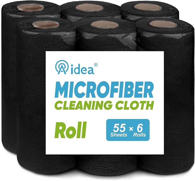 AIDEA Microfiber Cleaning Cloth 330 Sheets 6 Roll, Black Paper Towels 11×9" | Microfiber Towels for Cars, Reusable Shop Rags Washable, Cleaning Rags for Automotive, Mechanic, Workshops, Cleaning Supplies