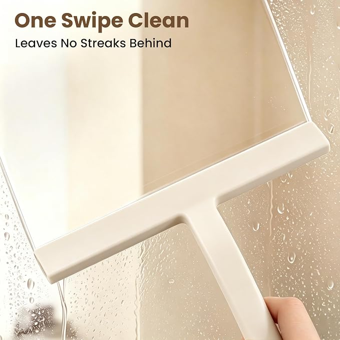 10 Inch Silicone Shower Squeegee for Glass Doors, Streak-Free, White | No-Squeak Silicone Blade, Ergonomic Round Grip and Built-In Hook for Quick Daily Cleaning of Shower Glass, Tile and Windows