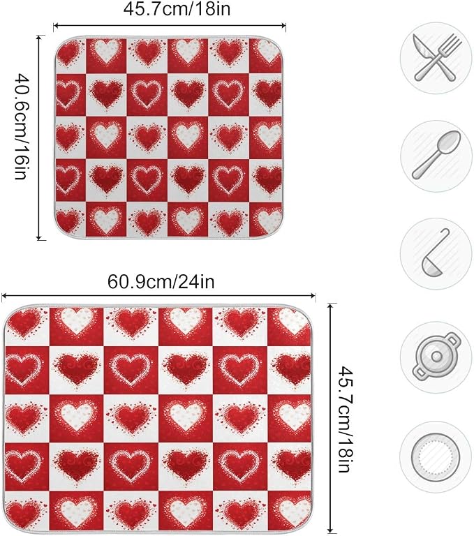 Valentine's Day Love Heart Red Buffalo Plaid Dish Drying Mat 18x24 for Kitchen Mother's Day Rose Pink Flowers Dishes Pad Dish Drainer Rack Mats Absorbent Fast Dry Kitchen Accessories