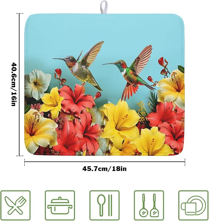 Kawani Hummingbirds Floral Dish Drying Mat for Kitchen Counter 16x18 In Hibiscus Tropical Drying Mat Farmhouse Fast Dry Absorbent Microfiber Dish Drainer Rack Pad for Countertop Decor