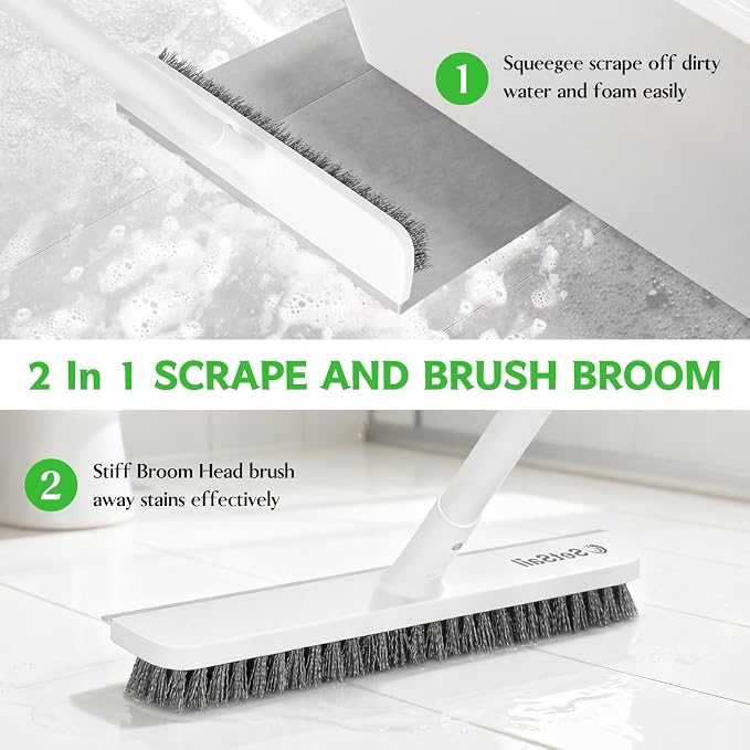 SetSail Floor Scrub Brush, Scrub Brush with Long Handle, Pure White | 2 in 1 Scraper Brush Stiff Bristle Floor Scrubber for Cleaning Bathroom Shower Kitchen Garage Deck Tile Tub