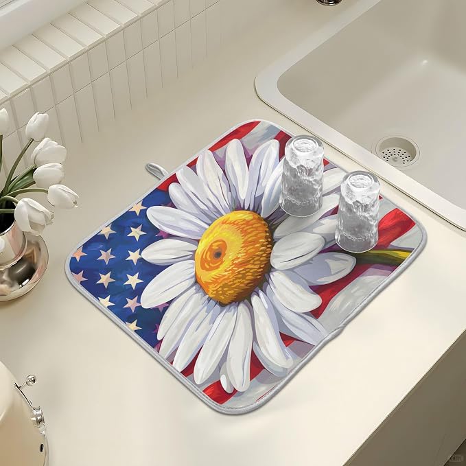 Daisy Flowers and American Flag Dish Drying Mat for Kitchen Counter Absorbent Microfiber Large Drying Pad Dish Mats for Kitchen Countertops 18 x 24 Inch